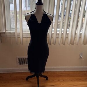 Black Halter Fringe Midi Dress